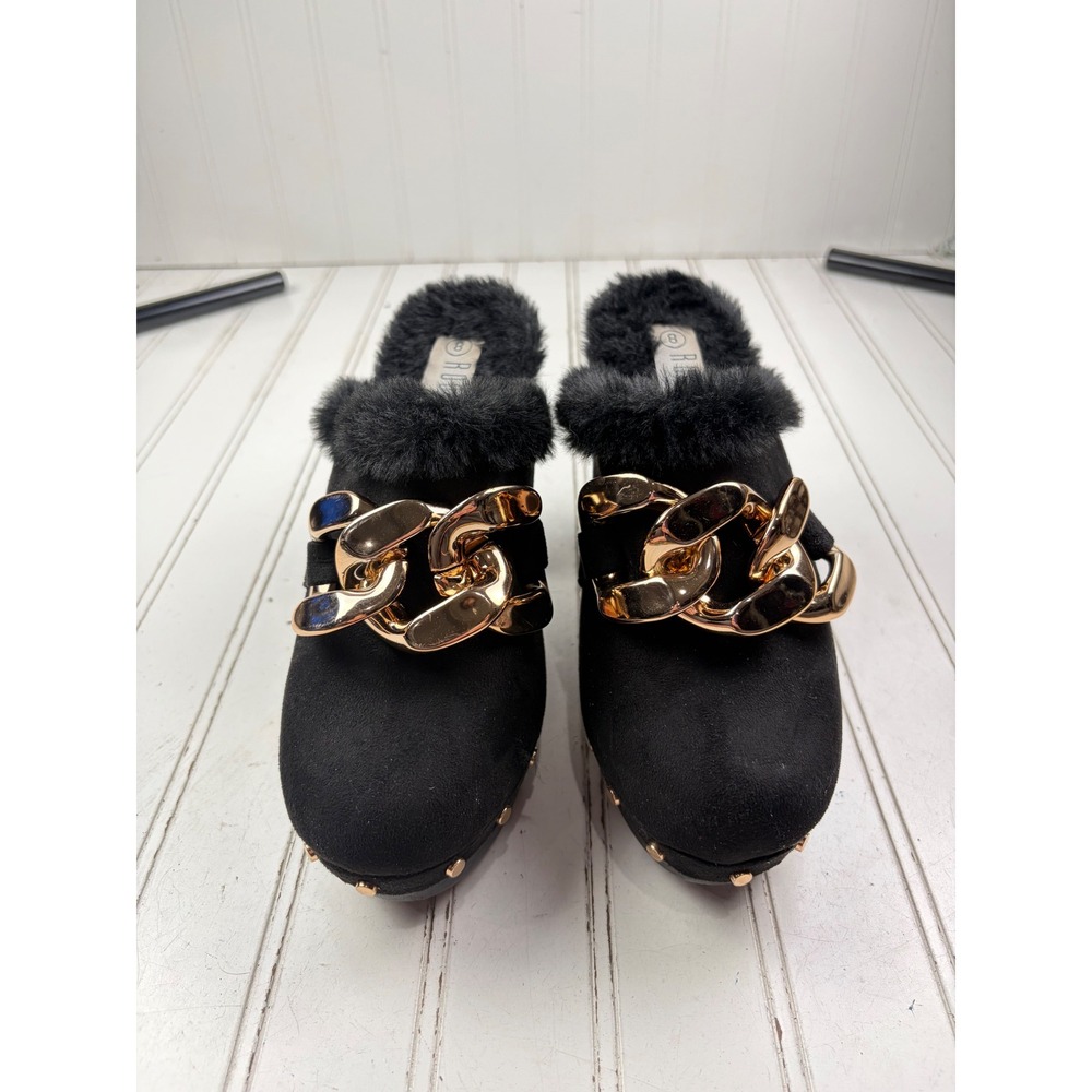 Rouge Vintage Y2K Black Faux Fur Gold Chain Platform Mules Women's Size 8 - Picture 3 of 9